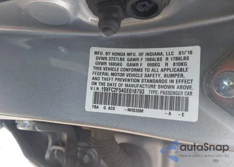 2016 Honda Civic Lx z USA, uszkodzony, nr VIN 19XFC2F54GE018793
